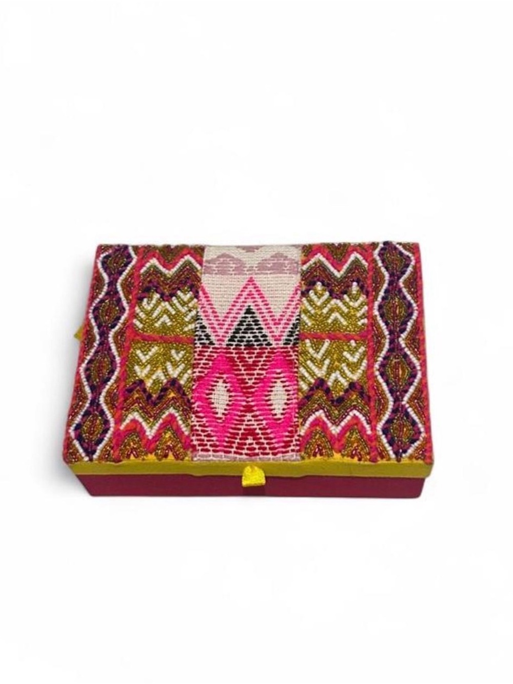 Embroidered jewelry box Multi-colored pattern in pink, red, and gold